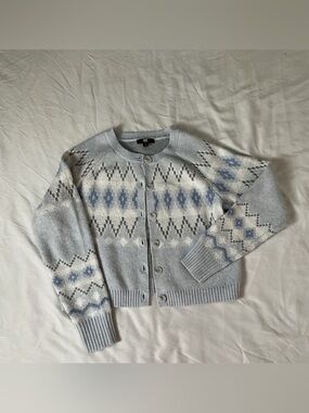 FRYE Nordic Fair Isle Cardigan Sweater Blue Gray White Knit Button Up Womens S